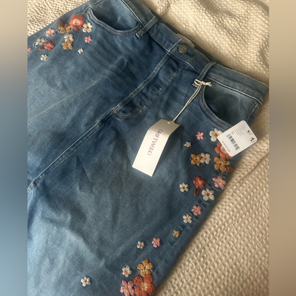 Free People x Driftwood Blue Denim Midi Skirt with Floral Embroidery